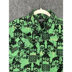Pronti Collection by Phita Mens XL Green Black Flocked Button Up Shirt Nightlife